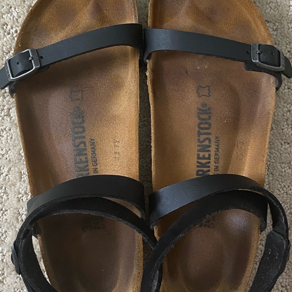 Birkenstock leather, black ankle strap sandals, 38